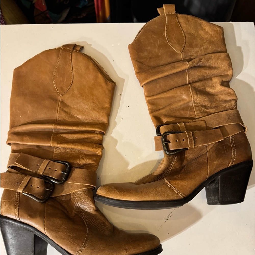 Wet Seal Tan Medium Heeled Boots With Buckles